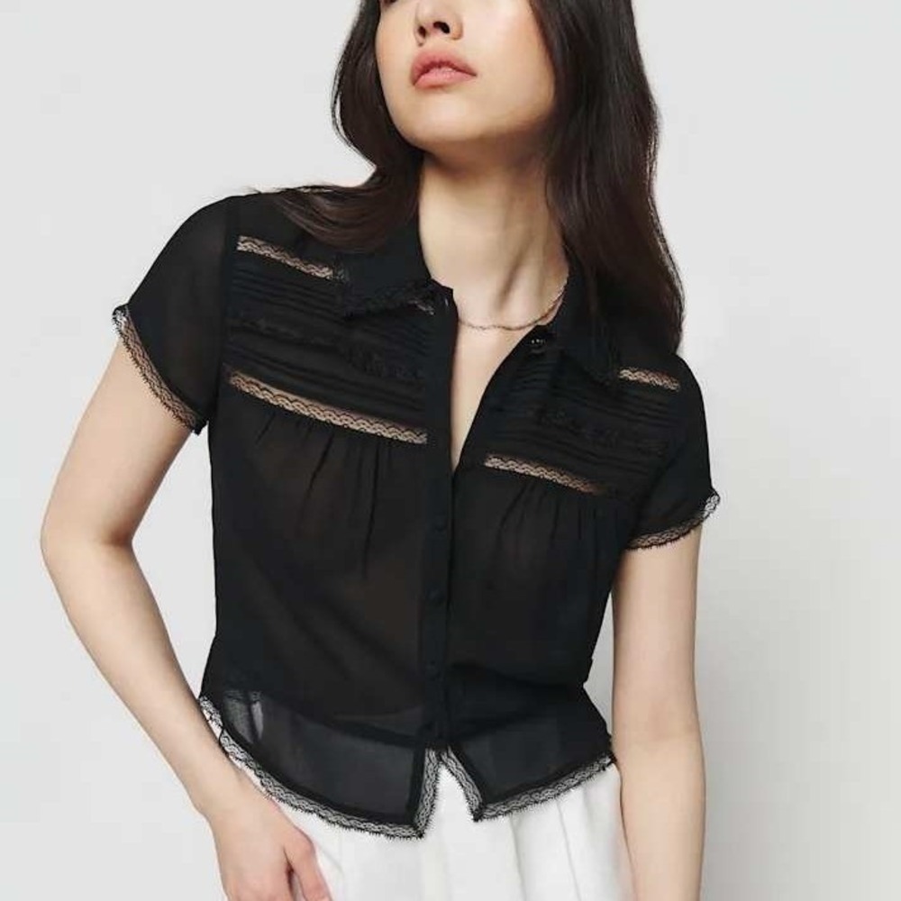 Reformation Vanna Top Black Sheer Lace Trim Blouse XS Rare